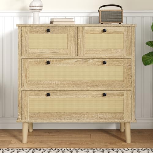 FAYICIC Cajonera con cuatro cajones, cajones de ratán, armario de almacenamiento, patas de madera maciza.