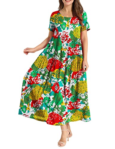 Yesno Women Casual Loose Bohemian Floral Dress With Pockets Short Sleeve Long Maxi Summer Beach Swing Dress Xl Ejf Cr10 #TOP2