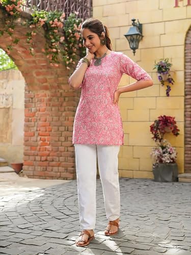 Image of Pinkmint Women Short Kurti | Cotton Blend Printed Tunic Top | Trendy Casual Top | Casual & Office Wear Ethnic Top for Jeans