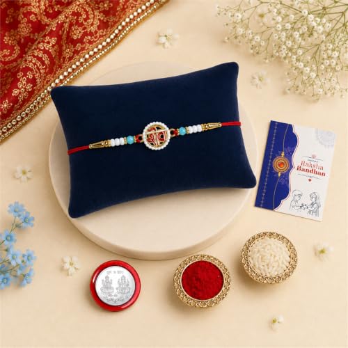 Image of Oblivion Rakhi For Brother Set of 1 - Elegant Mahadev Ji With Beads Thread Designer Rakhi with Tilak Set, Greeting Card and Silver Colour Coin - Traditional Raksha Bandhan Combo for Bhai (Pack of 4)