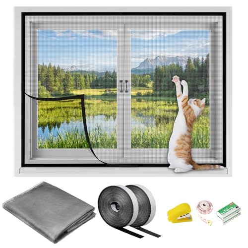 Adjustable DIY Self Adhesive Window Screen 36x55 Inch, Removable Fibreglass Screen Mesh Netting with Hook and Loop Tape, Fitted to Most Windows for Anti Bugs Mosquito Anti Pet Scratch (Grey, 1 Set)
