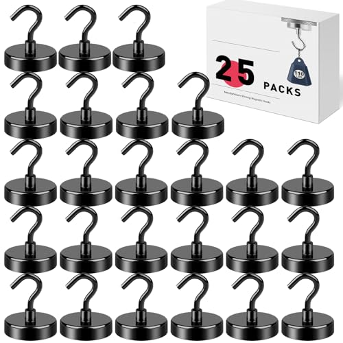 LOVIMAG Magnetic Hooks for Cruise Cabins, 110lbs Black Magnetic Hooks for Classroom, Strong Magnets with Hooks for Hanging, Neodymium Magnet Hooks for Fridge, Ceiling, Locker, Camper, Travel-25 Pcs
