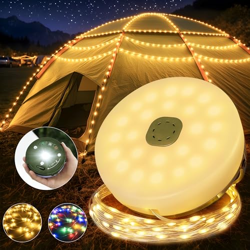 Hopexy Camping Lichterkette Aufrollbar 10M LED 4-in-1 Wiederaufladbare Magnetisch Campinglampe mit Batterie 15 Lichtmodi USB & Powerbank IP44 Camping Licht Auße für Zelt Garten und Wohnwagen