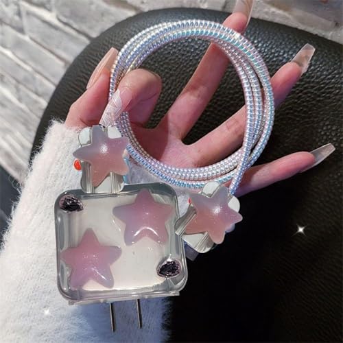 Image of Cable Protector with 3D Cute Pattern for iPhone Charger only 18W & 20W, Data Charging Cable Wire Saver Protective Cable Cover Full Protection Cable Sleeve (3d Pink star)