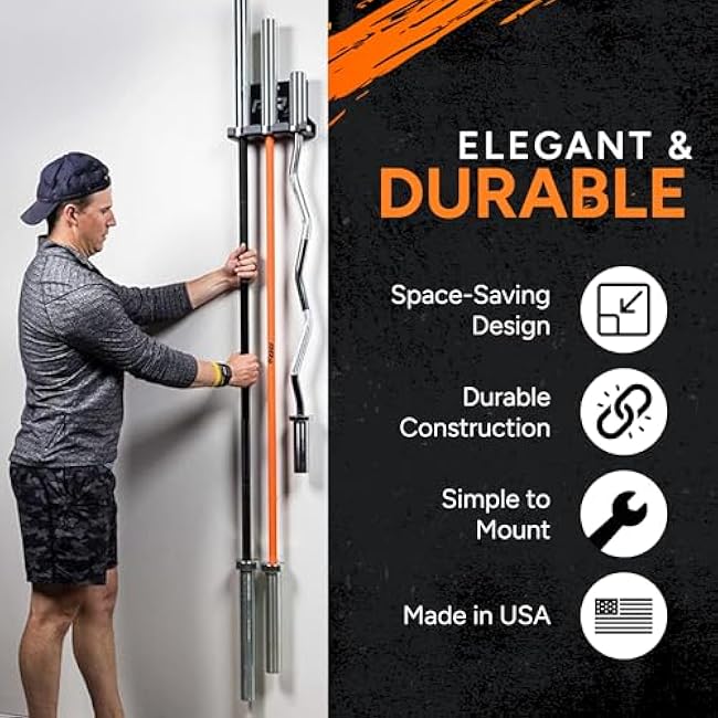 PRx Performance Three Barbell Storage Wall Mounted Hanging 3 Bar Holder USA Made American Black Powder Coated Space Saving Commercial or Home Gym Workout Fitness Equipment Garage Accessory Rack