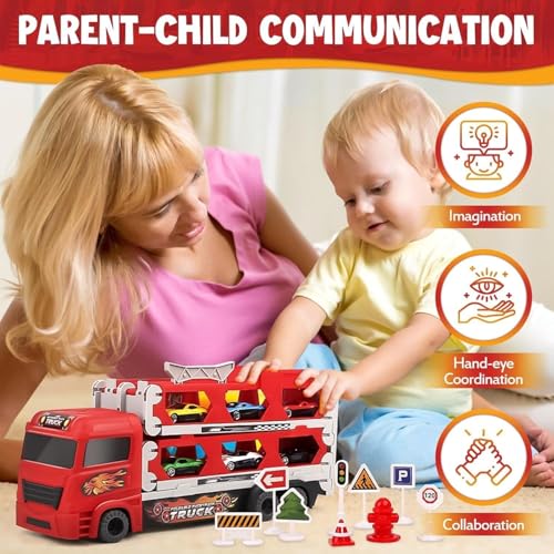 Image of TEC TAVAKKAL Big Hauler Storage & Transform Transport Truck Toy for Kids |3-in-1 Carrier Truck with 2 Foldable Ejection Race Tracks & 4 Die-Cast Cars |61 Inch Dual Racing Track |Educational Toy