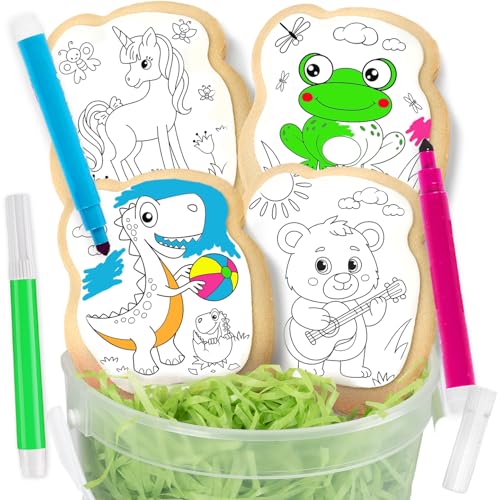 Cookie Decorating kit for Kids Activity Cookies Decorating Kit Coloring Gift For Kids boys girls Food | 4 Jumbo Cookies + 3 Edible Markers | Individually Wrapped Unicorn Dinasour Frog Teddy Bear