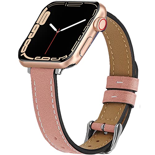 Miimall Leather Bands Compatible Apple Watch Bands 38mm 40mm 41mm, Upgrade Slim and Thin Genuine Leather Link Replacement Adjustable Strap for iWatch 38mm 40mm 41mm Series7 6 SE 5 4 3 2 1 (Light Pink)