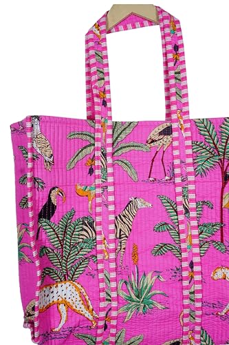 Image of Quilted Cotton Hand printed Reversible Large multicolor cotton Tote Bag,Indian Handmade Block Printed Tote Bag Women Handbag