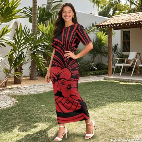Image of Polynesian Dress for Women Short Sleeve High Waist Maxi Skirt | Puletasi dress, t-shirt and skirt two-piece, elastic material, lightweight, soft, plus size, luau party, wedding, clubwear