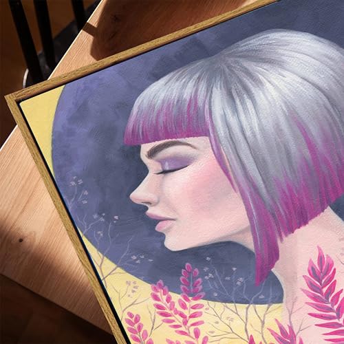 Image of Surreal Botanical Woman Portrait Framed Canvas Painting For Living Room | Modern Abstract Moon Girl Wall Art For Livingroom Wall Decor, Home Decor, Bedroom, Hallway's, Office, Hotel - 43x58 cm
