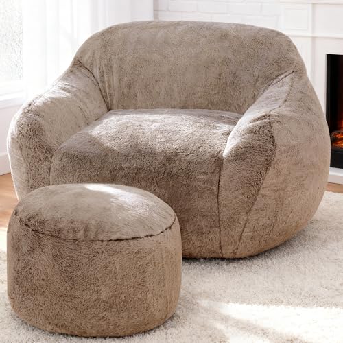Image of Homguava Giant Bean Bag Chairs for Adults,Large Bean Bag Couch with Ottoman | Big Beanbag Chair with Memory Foam Filled,Oversized Bean Bag Sofa,Faux Fur Floor Sofa Chair for Bedroom Living Room-Khaki