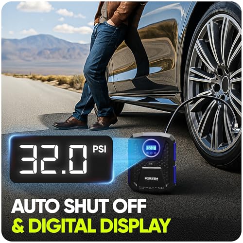 Image of FORTEM Tire Inflator Portable Air Compressor 150 PSI, 12V Electric Bike Pump for Car Tires and Bicycles with LED Light, Digital Tire Pressure Gauge w /Auto Shut Off, Carrying Case