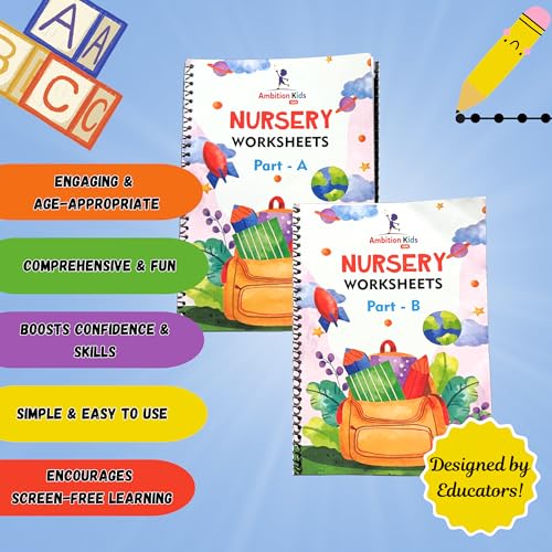 Image of Ambition Kids Preschool Nursery Worksheets Part A & B | 150+ Pages Activity Book for Kids 3+ Years | Pre-Writing, Numbers, ABCD, GK & Tracing Practice
