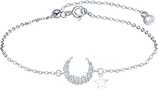 Bracelets Lune Elégants Femmes Filles en Argent 925 Créatif Bracelet orné Zircon Etincelant avec Chaîne d'Ancre Réglable Bijoux Fantaisie