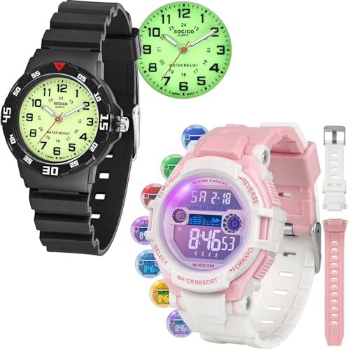 Kids Analog and Digital Watches for Boys Teen Girls, 7 Color Lights Waterproof Sports Watch for Kids with Stopwatch Alarm and Analog Watch with Luminous, Great Present for Girls Ages 5-18 Teenagers