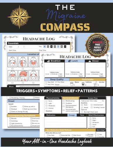 The Migraine Compass: A Headache & Migraine Tracker Journal Log Book to record symptoms, triggers, medications, pain, and relief. Includes daily and monthly logs.