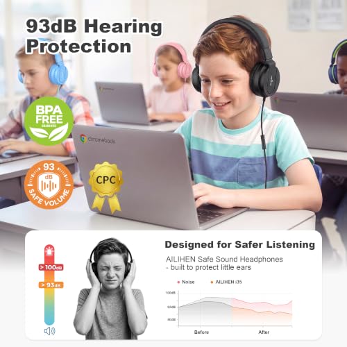 Image of AILIHEN I35 Kids Headphones for School with Mic, 93dB Volume Limited, Black | Wired On Ear Headphones for Boys Girls, Foldable Lightweight Headphone for Classroom Learning & Entertainment Travel Computer