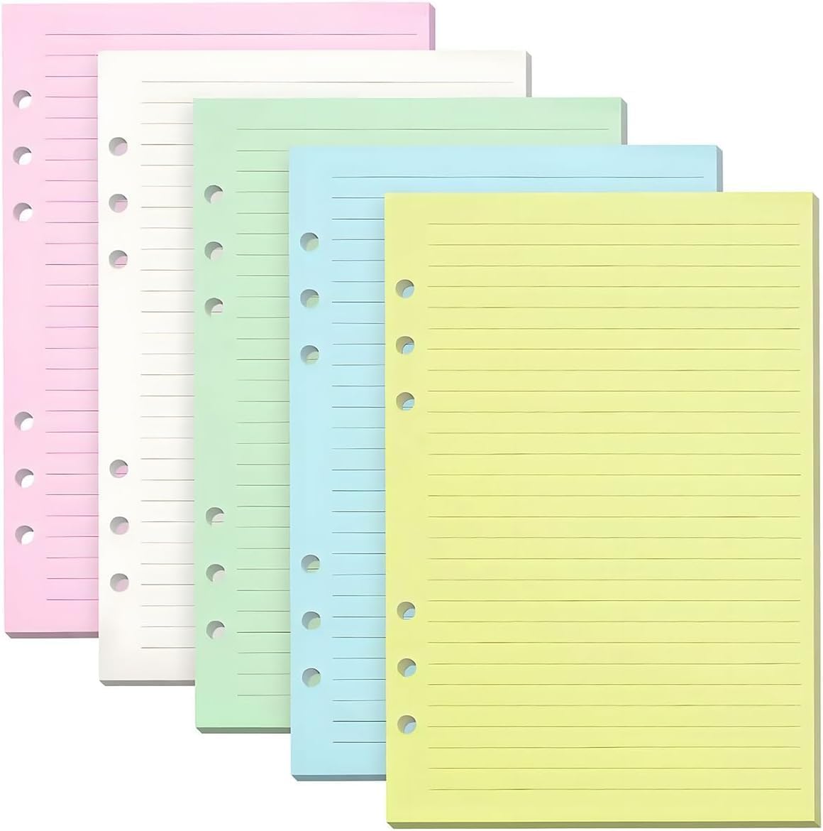 Lined Refill Paper 100 Sheet A5 Coloured for Filofax, 6 Punched Holes Loose-Leaf Refillable Lined Paper with 1 Set of Sticky Notes, A5 Diary Planner Inserts Refills for Notes Meeting Travel Record