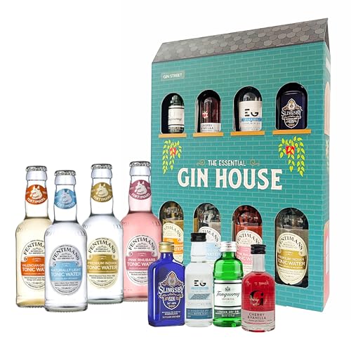 Tonic Water & Flavoured Gin Gift Set - Gin House Selection of 4 x 5cl Miniature Alcohol Bottles with 4 x 200ml Tonic Water. Great Christmas Gifts for Women, Stocking Fillers also Birthday Gifts