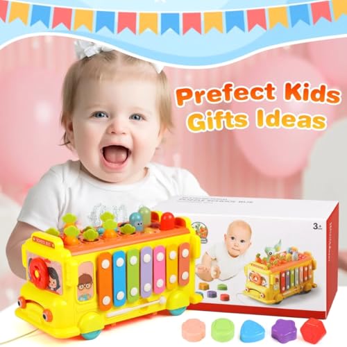 Image of PLUSPOINT Activity School Bus Toy for Kids Multifunctional Pull-Along Bus with Gears, Teaching Clock, Fishing Game Color Matching Shape Puzzles Whack-a-mole Toddler Musical Toy for 1-5 yrs
