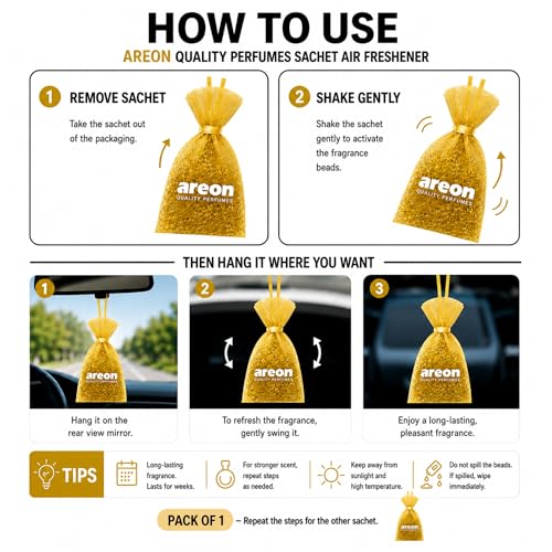 Image of AREON Pearls Lux Gold Car & Home Air Freshener - Premium Quality Perfume Fragrance Beads - Long Lasting Odour Eliminator for Car, Home, Office & Small Spaces - Gold Scent - Pack of 3