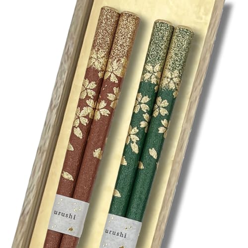 橋本幸作漆器店 桜ふぶき 2膳セット 輪島うるし箸 乾漆仕上げ 桐箱入り 日本製 高級 滑りにくい 夫婦箸 お揃い ペア ギフト 記念日 プレゼント (緑, 茶)