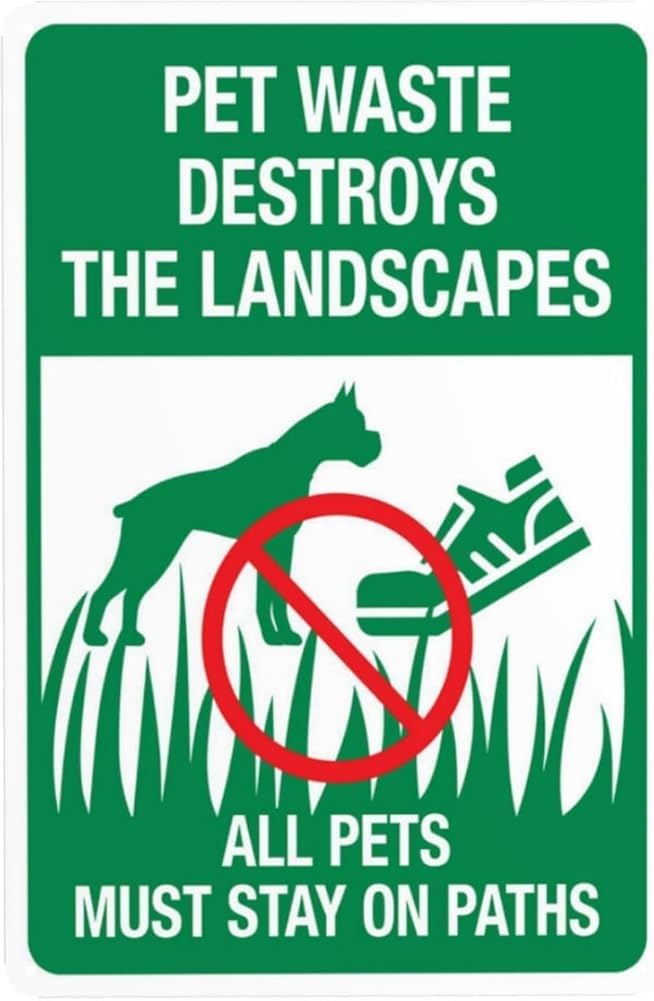Pet Waste Destroys The Landscape All Pets Must Stay On Paths Warning Sign No Dog Poop Security Metal Signs For Business Home Yard Garage Street Wall Safety Caution Decor Gift For Women Men 8x12 Inch