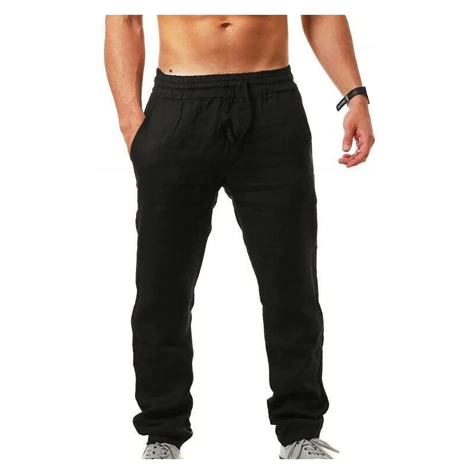 SHENGFU Pantaloni di Lino da Uomo, Lunghi, Leggeri E Ariosi, Pantaloni Estivi Eleganti, vestibilità Ampia, Pantaloni for Il Tempo Libero, Pantaloni Estivi Lunghi E Larghi (Color : Noir, Size : L)