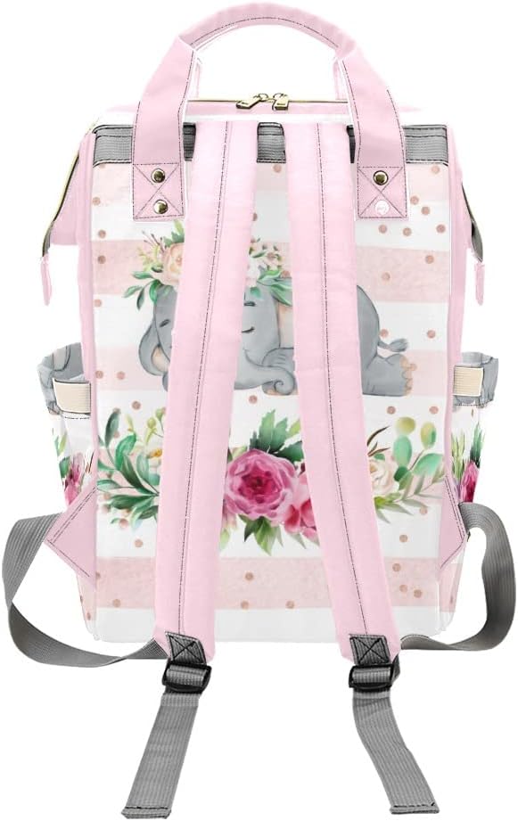 XOZOTY Personalized Watercolor Sleeping Elephant Pink Floral Print Diaper Bag Backpack with Name for Men Women Custom Nursing Baby Bags Shoulders Travel Bag Daypack