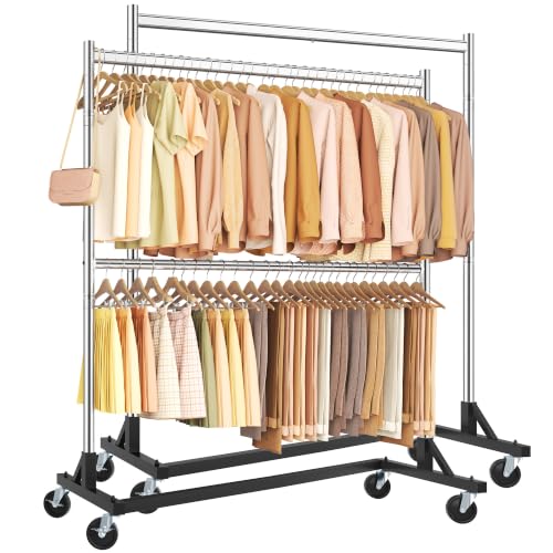 Image of Hoctieon Double Rod Z Rack, Set of 2,Rolling Clothes Racks with Z-Base, Adjustable Clothing Rack, Standing Clothes Rack, Metal Clothing Racks for Hanging Clothes, Portable Garment Rack, Chrome