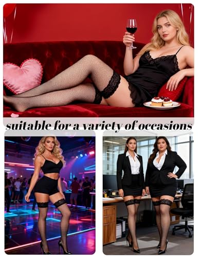 comeondear Halterlose Strümpfe für Damen XXL Sexy Netzstrümpfe Große Größen Oberschenkelhohe Strümpfe mit Spitze Silikonband Fishnet Stockings Thigh High Nylonstrümpfe Stay Ups(Schwarz,L-XXL)