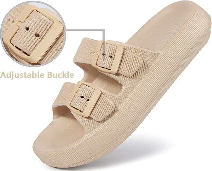 Image of Women Adjustable Open Toe Slide Sandals Classic Ultra Soft EVA Footbed Summer Designed to Fit Flat Buckle Sliders for Women & Girls