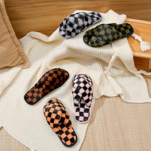 Women's Fuzzy Checkered Slippers, Fluffy Cross Band Open Toe Non-Slip Rubber Sole House Bedroom Shoes4