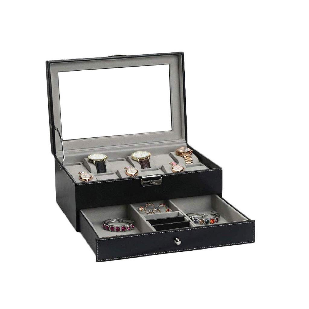 Schmuckschatulle – Uhrenbox-Organizer mit Valet-Schublade, Metallscharnier, großem Halter, schwarzem PU-Leder – Uhrenaufbewahrung, Schmuckschatulle für Herren Present