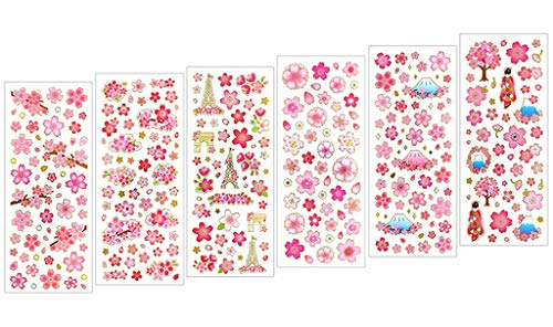 Kinteshun Sakura Scrapbooking Stickers,Japanese Style Self-adhensive DIY Decorative Cherry Blossoms Paster Decals Sticker for Scrapbooking or Card Making (6pcs with Different Patterns)
