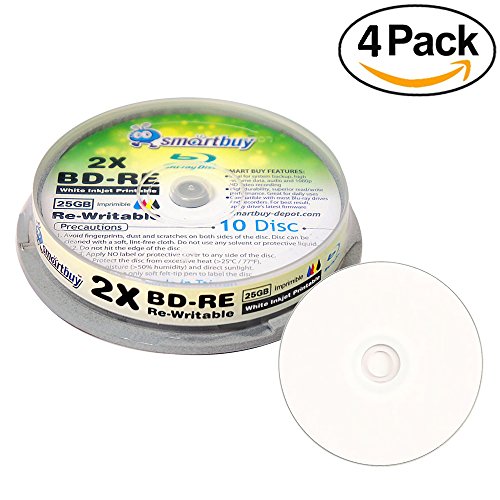 Image of 40 Pack Smartbuy 2X 25GB Blue Blu-ray BD-RE Rewritable White Inkjet Hub Printable Blank Bluray Disc
