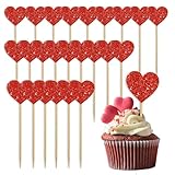Topper para Cupcakes 24 piezas Amor Corazón Cupcake Toppers Decoración para Cupcakes de Corazón,Adornos para Cupcakes de Corazón Topper de decoración de pasteles para San Valentín (Rojo)
