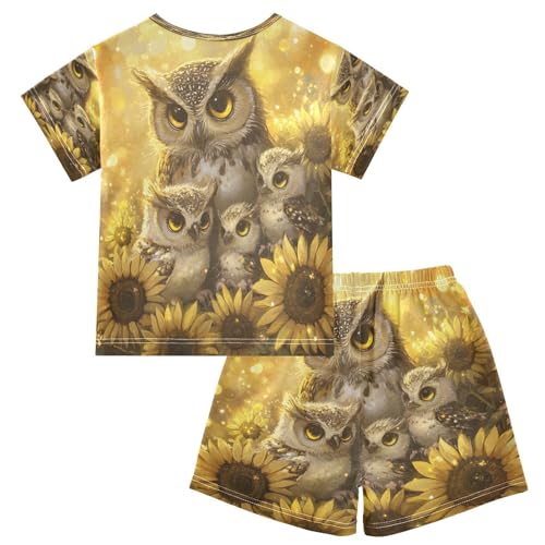 ALAZA Family Owl Sunflower Pajamas Set Short Sleeve Cotton Sleepwear Summer Pjs 2 Piece 5-14Y2