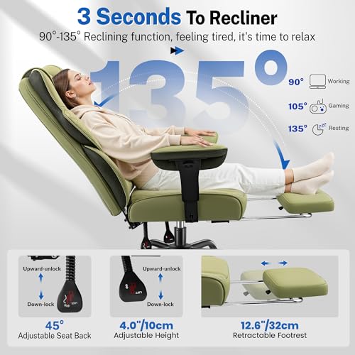 Image of FelixKing Big and Tall Office Chair 500lbs - Ergonomic Desk Chair with Footrest, Scratch-Resistant PU Leather Computer Chair, 4D Lumbar Support Gaming Chair, Comfy Reclining Swivel Work Chair, Green