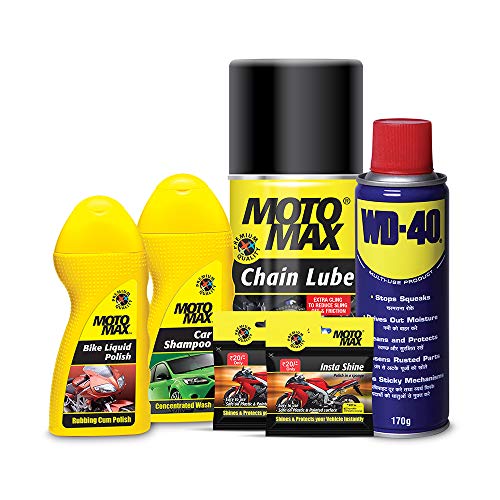 Pidilite Motomax Bike Grooming & Maintenance Mega Kit 1 – Car Shampoo 100 ml, Instashine Polish in Sponge 2N, Bike Polish Liquid 100 ml, Chain Lube 200 ml, WD40 170 g Pidilite Motomax Bike Grooming & Maintenance Mega Kit 1 – Car Shampoo 100 ml, Instashine Polish in Sponge 2N, Bike Polish Liquid 100 ml, Chain Lube 200 ml, WD40 170 g