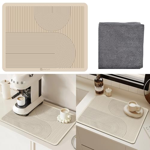 Dish Drying Mat with Cleaning Cloth Water Absorbing Kitchen Drying Mat with Anti-Slip Backing Modern Concentric Pattern for Cups Utensils Plates & Coffee Machine