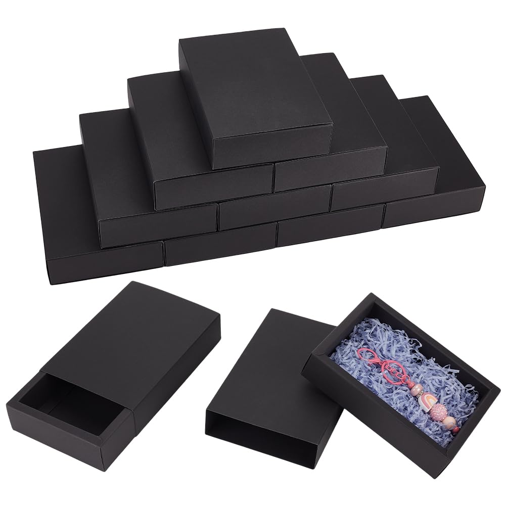 BENECREAT 12 Stück Schwarze Schubladenboxen aus Papier, 18,2x12,7x4,2cm rechteckige Geschenkbox aus Kraftpapier, Keksboxen für Hochzeitsgeschenke, Schmuckverpackungen