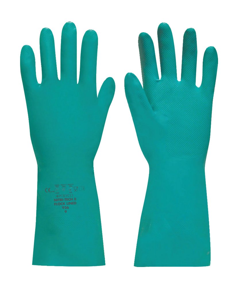 Polyco Green Nitri-Tech 927 Flock Lined Non-Slip Diamond Pattern Nitrile Synthetic Rubber Glove, Size - 10