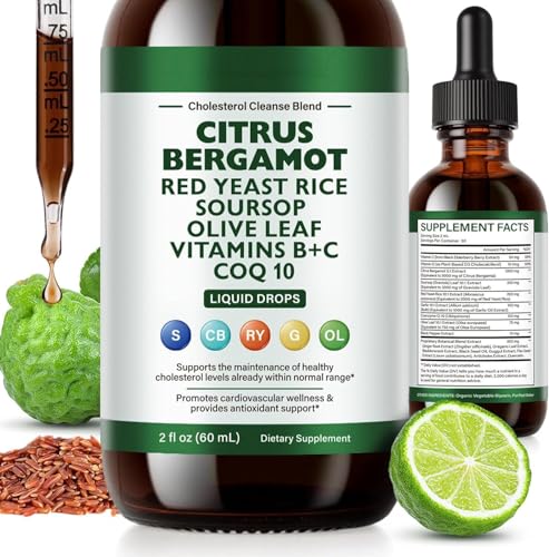 Red Rice Yeast for Cholesterol Support - High Absorption Citrus Bergamot Cholesterol Supplements Blend with Red Yeast Rice Extract Liquid Soursop Drops Garlic Olive Leaf & Vitamin C D3 - 2 Fl Oz