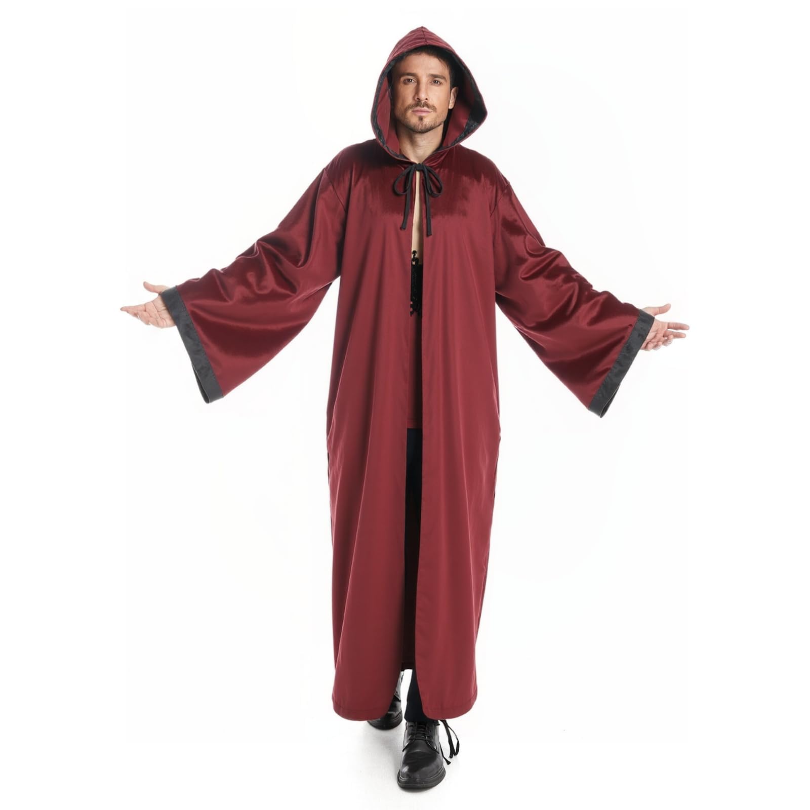 RRCBMD Two-Sided Wizard Robe Wizard Costume Claret Cloak with Hood Warlock Robe Cloak with Sleeves (Claret-170CM) - Image 4