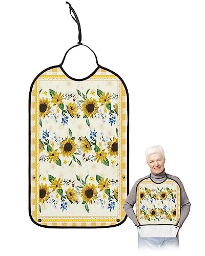 Kewadony Adult Bibs for Elderly Women - Sunflower Waterproof Dining Clothing Protectors with Crumb Catcher for Eating/Feeding, Farmhouse Butterfly Floral Yellow Buffalo Plaid Terry Cloth Bib Washable
