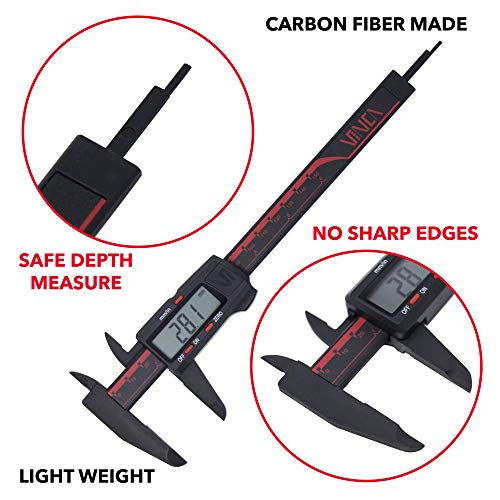 VINCA DCPA-0605E Electronic Digital Nylon Vernier Caliper Inch/Metric Conversion 0-6 Inch/150 mm Red/Black Extra Large LCD Screen Auto Off Featured Measuring Tool