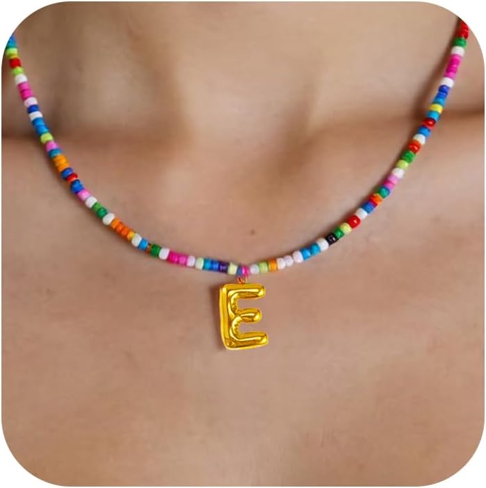 Initial Necklace for Women, Cute Colorful Beaded Necklaces, Gold Bubble Letter Choker Necklace, Summer Beach Boho Necklaces, Trendy Personalized Valentine's Day Jewelry Gifts