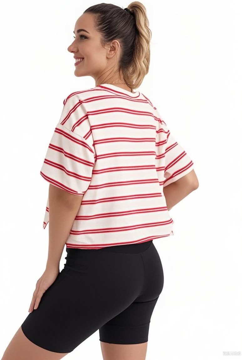 Women's Oversize Workout Crop Tops Casual Short Sleeve Drop Shoulder Boxy T-Shirts Roll Hem Basic Loose Yoga Running Tees - Image 4